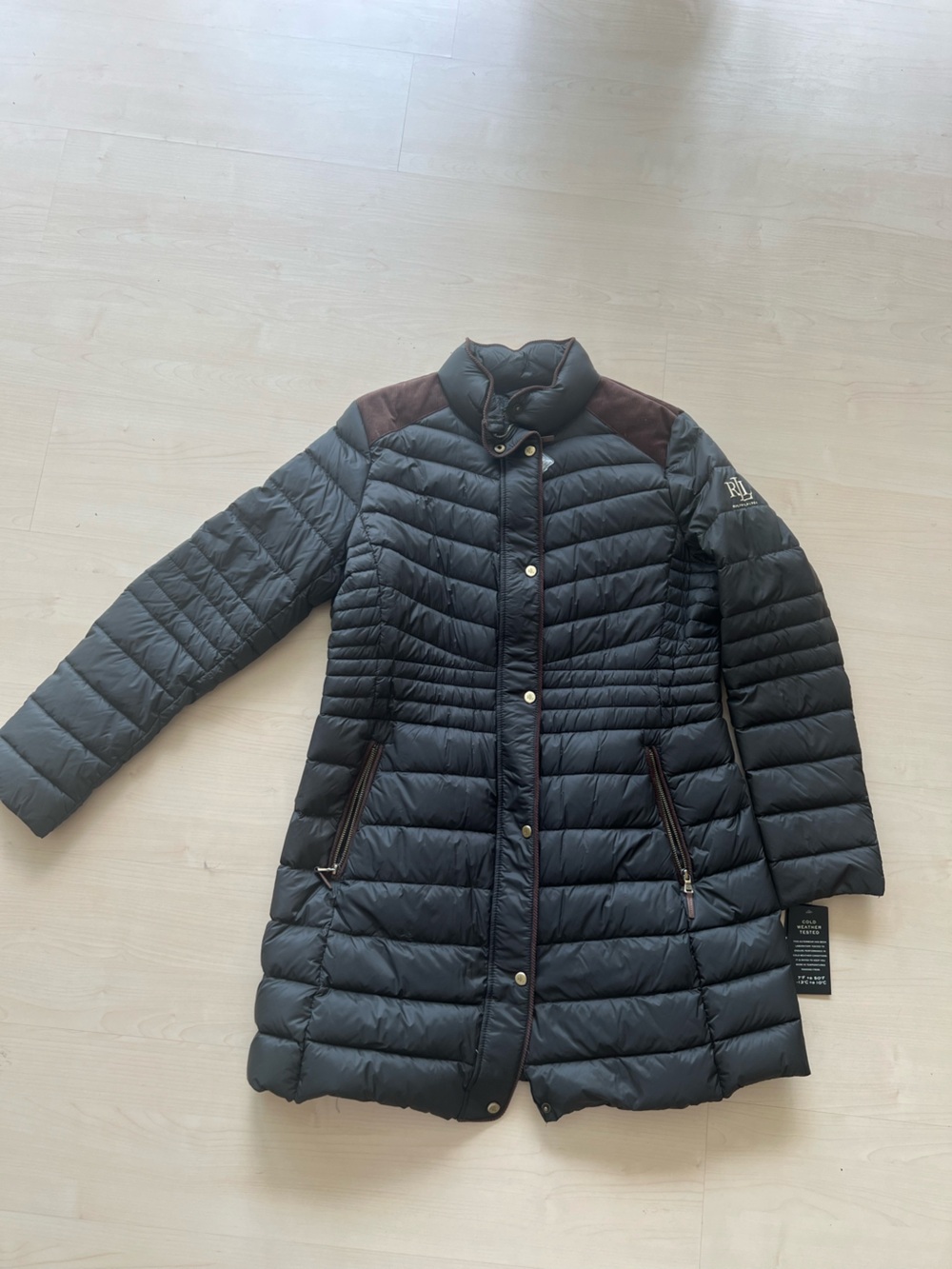 Ralph Lauren Black Quilted Long Puffer Coat with Brown Shoulder Accents